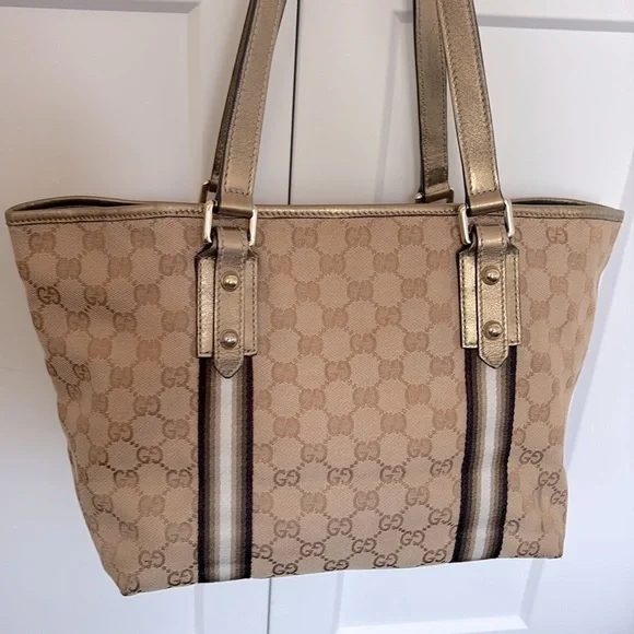 EUC [Gucci] Authenticated Monogram Canvas Jolicoeur Tote Handbag Beige w/ Gold - Picture 4 of 16